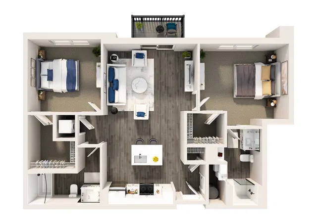 Modern 3D floor plan showcasing two cozy bedrooms, an elegant open-concept living room, and a sleek kitchen, complete with a private balcony.