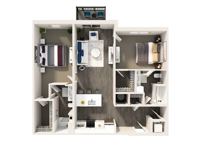 Modern 2D floor plan showcasing two spacious bedrooms, a sleek open kitchen with a breakfast bar, cozy living area, and private balcony.