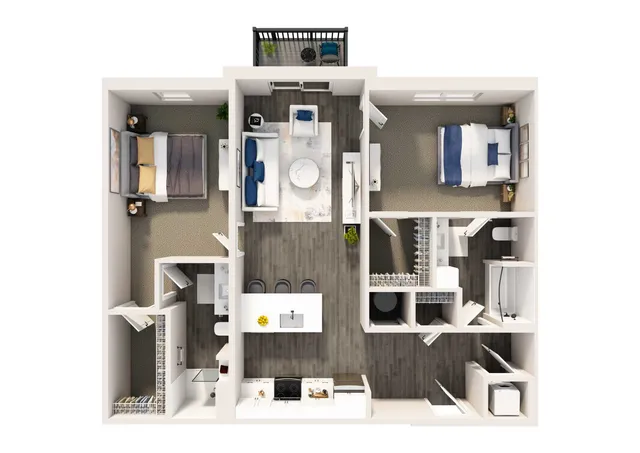 Modern 3D floor plan showcasing two bedrooms, spacious living room, chic kitchen, and cozy balcony.