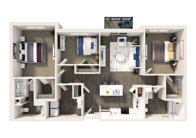 Modern 3D floor plan showcasing 3 spacious bedrooms, an elegant open living area, and a sleek kitchen with island.