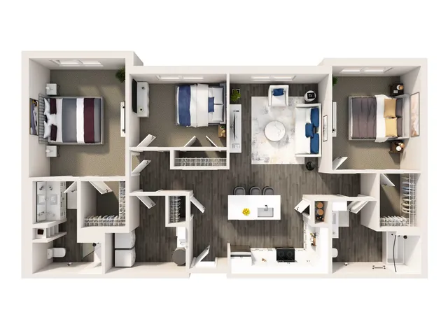 Elegant 3D apartment floor plan showcasing three bedrooms, modern open kitchen with island, cozy living area, and stylish bathrooms.