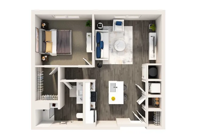Modern 3D floor plan showcasing a cozy one-bedroom apartment with an open-concept living and dining area, stylish kitchen island, and elegant wood flooring.