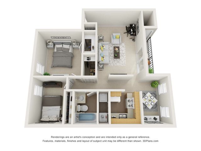 Chic 3D floor plan featuring 2 cozy bedrooms, a stylish living room, a modern kitchen, and a functional office nook with balcony access.