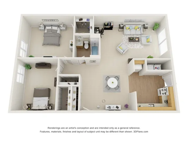 Bright 3D floor plan showcasing 2 spacious bedrooms, cozy living area, modern kitchen, and a stylish bathroom with accessible design.