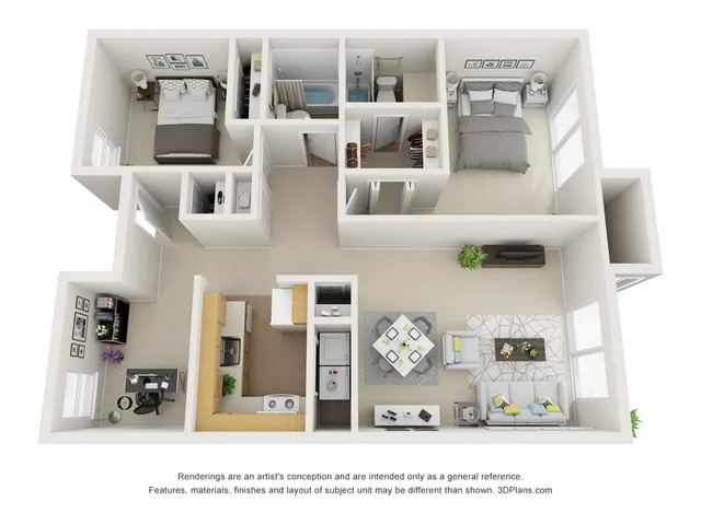Modern 3D floor plan showcasing 2 bedrooms, open living-dining space, contemporary kitchen, and cozy study area.