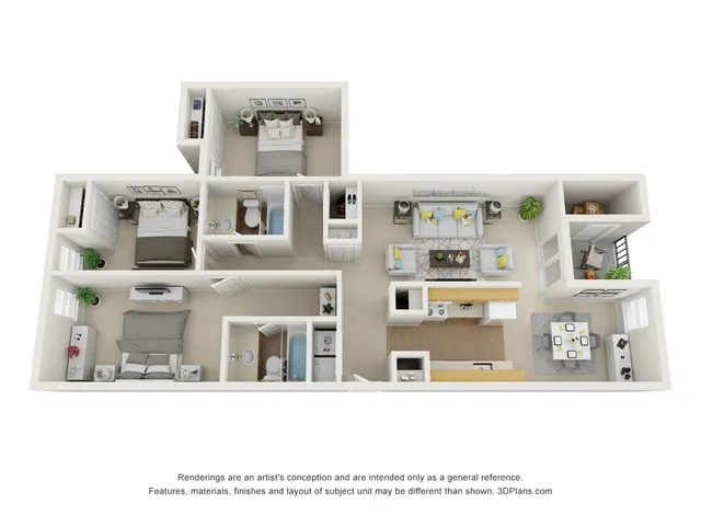 Elegant 3D floor plan showcasing 3 bedrooms, modern kitchen, spacious living and dining areas, and two bathrooms, perfect for stylish urban living.