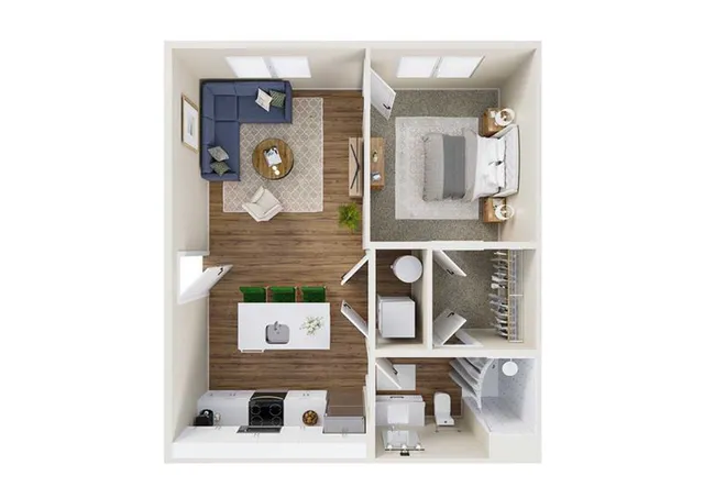Chic 1-bedroom apartment floor plan with cozy living area, sleek kitchen, and functional bathroom layout.