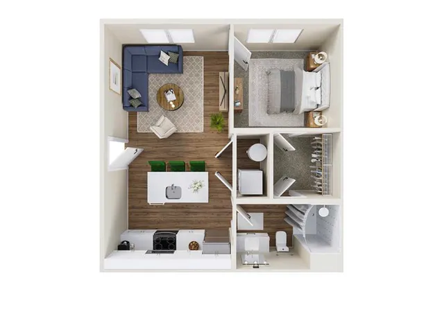 Charming 3D floor plan showcasing a cozy one-bedroom apartment with an open-concept living and kitchen area, featuring modern furnishings and a spacious walk-in closet.
