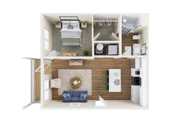 Charming 3D floor plan showcasing a cozy one-bedroom apartment with modern kitchen, inviting living area, and sleek bathroom.