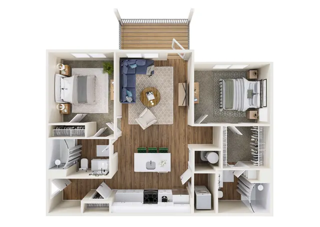 Modern 3D apartment floor plan featuring 2 bedrooms, an open living area, and a sleek kitchen with bar seating, complete with a private balcony.
