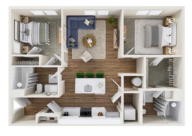 Modern apartment floor plan showcasing a cozy living space with 2 bedrooms, stylish open kitchen, and elegant lounge area.