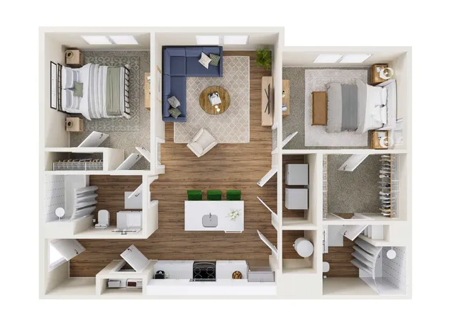 Modern 2D floor plan showcasing two bedrooms, a cozy open-concept living area, sleek kitchen, and elegant bathrooms with ample storage.