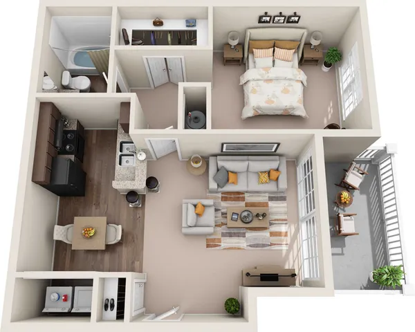 Charming 3D floor plan featuring a cozy bedroom, modern open kitchen, inviting living area, and a private balcony perfect for relaxation.