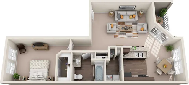 Charming 3D floor plan of a modern one-bedroom apartment featuring an open-concept living room, cozy dining area, and sleek kitchen with a breakfast bar. Includes a spacious bedroom, stylish bathroom, and outdoor balcony with lush green plants.