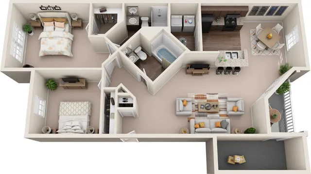 Elegant 3D floor plan showcasing two spacious bedrooms, modern kitchen with island seating, cozy living area, and two bathrooms, perfect for comfortable living.