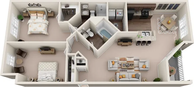 Modern 3D floor plan showcasing two elegant bedrooms, a chic open-plan kitchen, and a cozy living area with stylish decor.