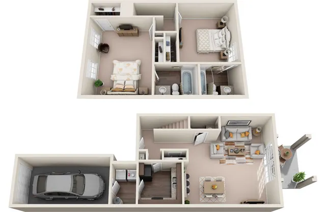 Elegant 3D floor plan showcasing a modern two-bedroom townhouse with a cozy living area, sleek kitchen, stylish bathroom, and attached garage with car. Perfectly designed for comfortable living.