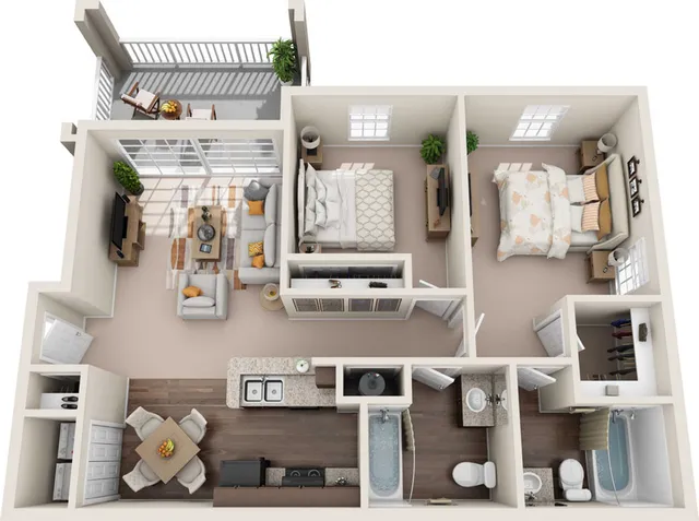 Modern 3D floor plan showcasing a cozy two-bedroom apartment with open-concept living room, sleek kitchen, and private balcony.