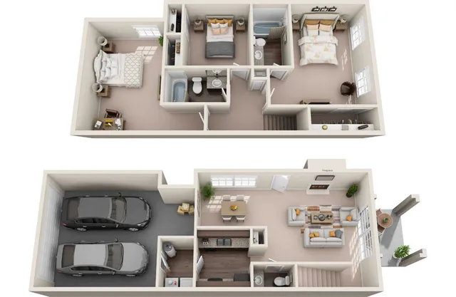 Chic 3D floor plan featuring 3 bedrooms, cozy living area with fireplace, spacious kitchen, and dual-car garage.
