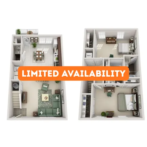 3D floor plan showcasing stylish two-level layout with spacious living room, modern kitchen, dining area, and three cozy bedrooms. Limited availability.