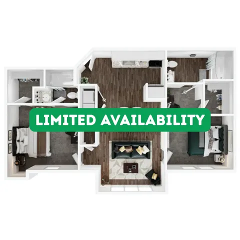 Modern 3D floor plan showcasing 2 bedrooms, 2 bathrooms, open-concept living and dining area, and a sleek kitchen. Limited availability.