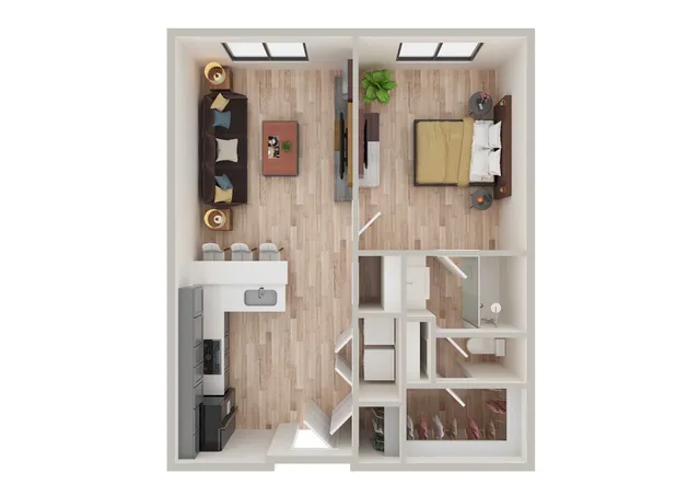 Chic 2D floor plan showcasing 1 bedroom, an inviting open-concept living area, modern kitchen, and ample storage space.
