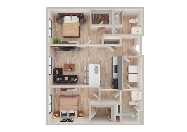 Modern 2D floor plan showcasing 2 spacious bedrooms, an open-plan living and dining area, sleek kitchen design, and elegant bathroom spaces.