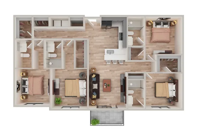 Spacious 3-bedroom floor plan with modern kitchen, open living area, and private balcony.