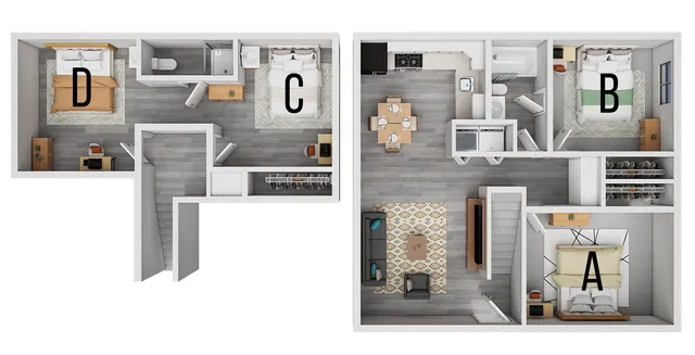 Modern two-story apartment floor plan featuring four bedrooms, open-concept living and dining area, and a well-equipped kitchen for comfortable living.
