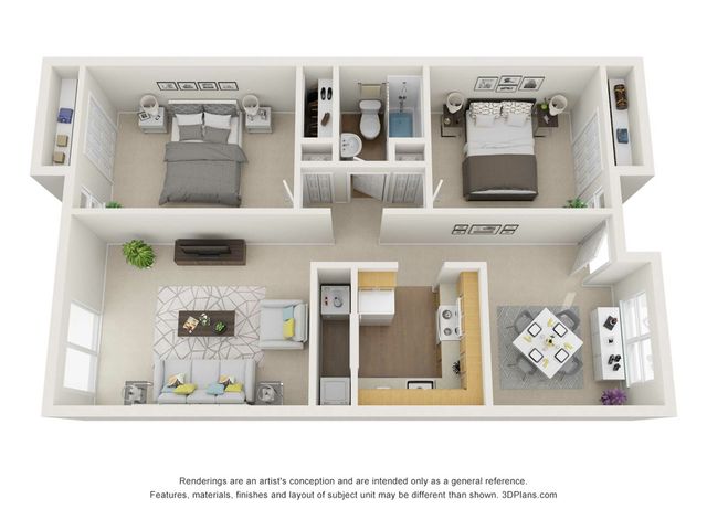 Contemporary 2-bedroom apartment floor plan showcasing an open living room, modern kitchen, and inviting dining area, ideal for stylish urban living.
