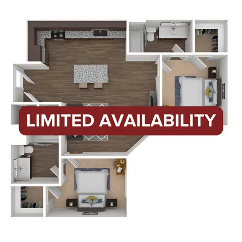 Contemporary floor plan with two cozy bedrooms, modern open kitchen, and inviting living space. Limited availability.