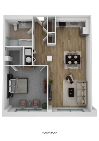 3D floor plan of a one-bedroom apartment with a spacious living area and modern kitchen.