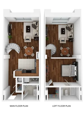 Elegant 3D floor plan of a duplex featuring a spacious living room, dining area, and kitchen on the main floor, with a bedroom and bathroom on the loft floor.