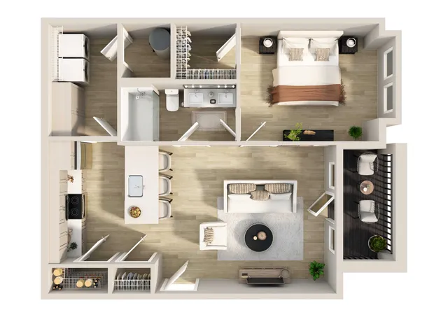 Modern 3D floor plan showcasing a spacious apartment with 1 bedroom, cozy living room, well-equipped kitchen, and private balcony.