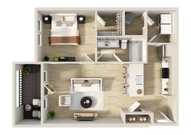 Charming 2D apartment floor plan showcasing a master bedroom, spacious living room, modern kitchen, and cozy dining area with a stylish balcony.