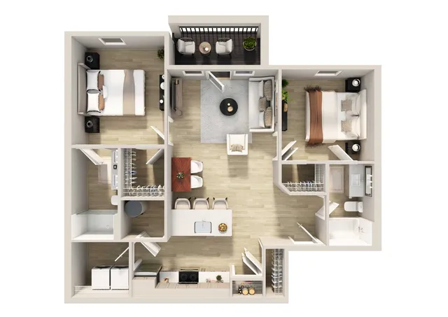 Modern 3D floor plan showcasing two stylish bedrooms, a spacious open-concept living and dining area, and a sleek kitchen with island. Includes a cozy balcony and contemporary bathrooms.