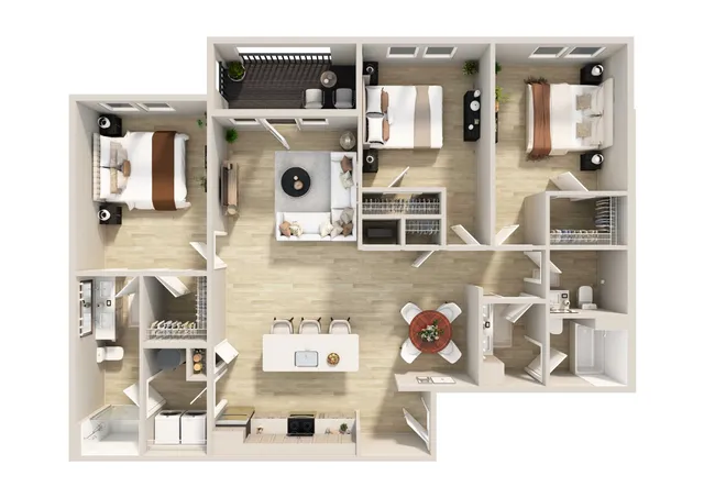 Modern 3-bedroom apartment floor plan with open-concept living area, stylish kitchen, and private balcony.