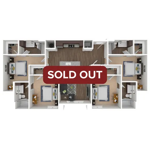 Modern floor plan showcasing a spacious three-bedroom apartment with a central open-concept living area, contemporary kitchen, and two luxurious bathrooms; labeled as sold out.
