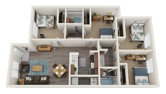 Modern 3-bedroom floor plan showcasing an inviting open-concept living and dining area, a sleek kitchen, and stylish interiors.