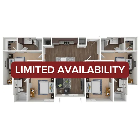 Modern 3D floor plan showcasing three bedrooms, two bathrooms, and an open kitchen-dining area with limited availability.