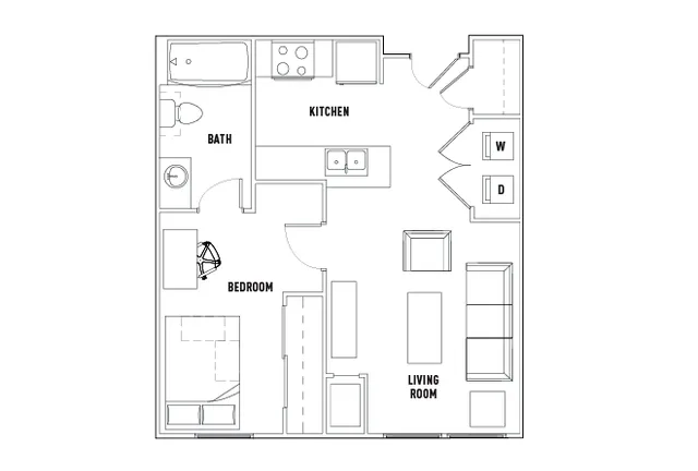 Modern 1-bedroom apartment floor plan featuring an open kitchen, cozy living room, and convenient bath layout with washer and dryer.