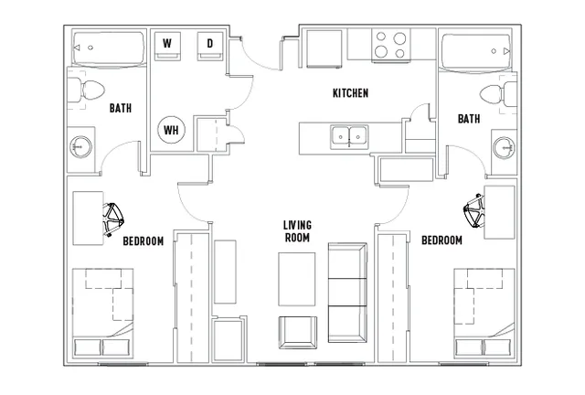 Modern 2D floor plan showcasing two bedrooms, two baths, a spacious kitchen with island, and a cozy living room.