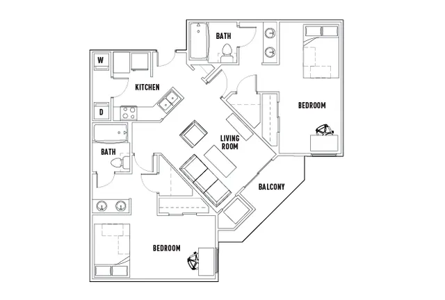 Contemporary floor plan showcasing two bedrooms, two bathrooms, a spacious living room, and a modern kitchen with balcony access.