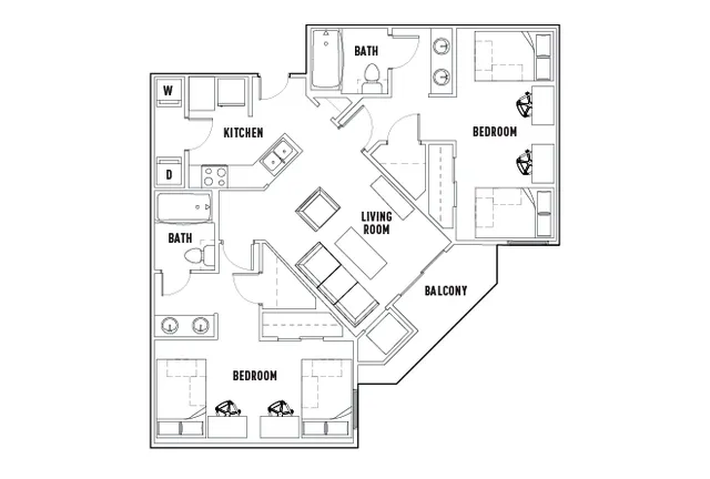 Modern floor plan with two elegant bedrooms, two stylish baths, inviting living room, sleek kitchen, and private balcony.