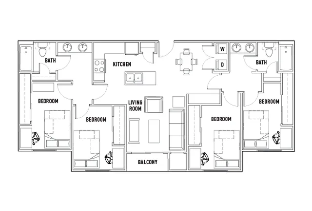 Modern floor plan displaying 4 bedrooms, a central kitchen, and a living room opening to a balcony, complete with two bathrooms and laundry space.