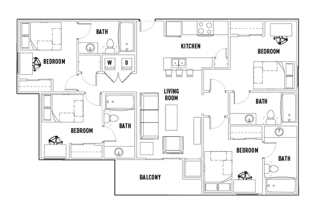 Elegant floor plan featuring 4 bedrooms, 3 baths, a modern kitchen, and a spacious living room with a balcony.