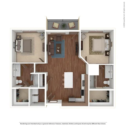 Modern 2D floor plan showcasing 2 cozy bedrooms, an open-concept living and dining area, sleek kitchen with an island, and dual bathrooms, featuring stylish hardwood flooring and a private balcony.