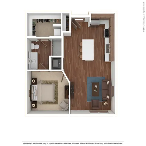 Modern 3D floor plan featuring a cozy 1-bedroom, open living and dining area, stylish kitchen, and spacious bathroom with walk-in closet.