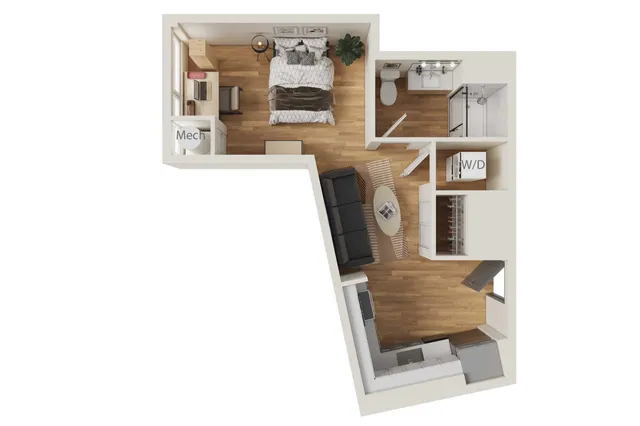 Elegant floor plan showcasing a cozy one-bedroom apartment with a stylish open-concept living area, modern kitchen, and convenient in-unit washer/dryer.