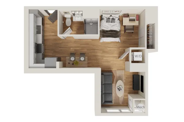 Modern L-shaped studio apartment floor plan showcasing an open-concept layout with a cozy bedroom, sleek kitchen, and inviting living area. Includes a compact bathroom, dedicated workspace, and convenient in-unit washer/dryer.